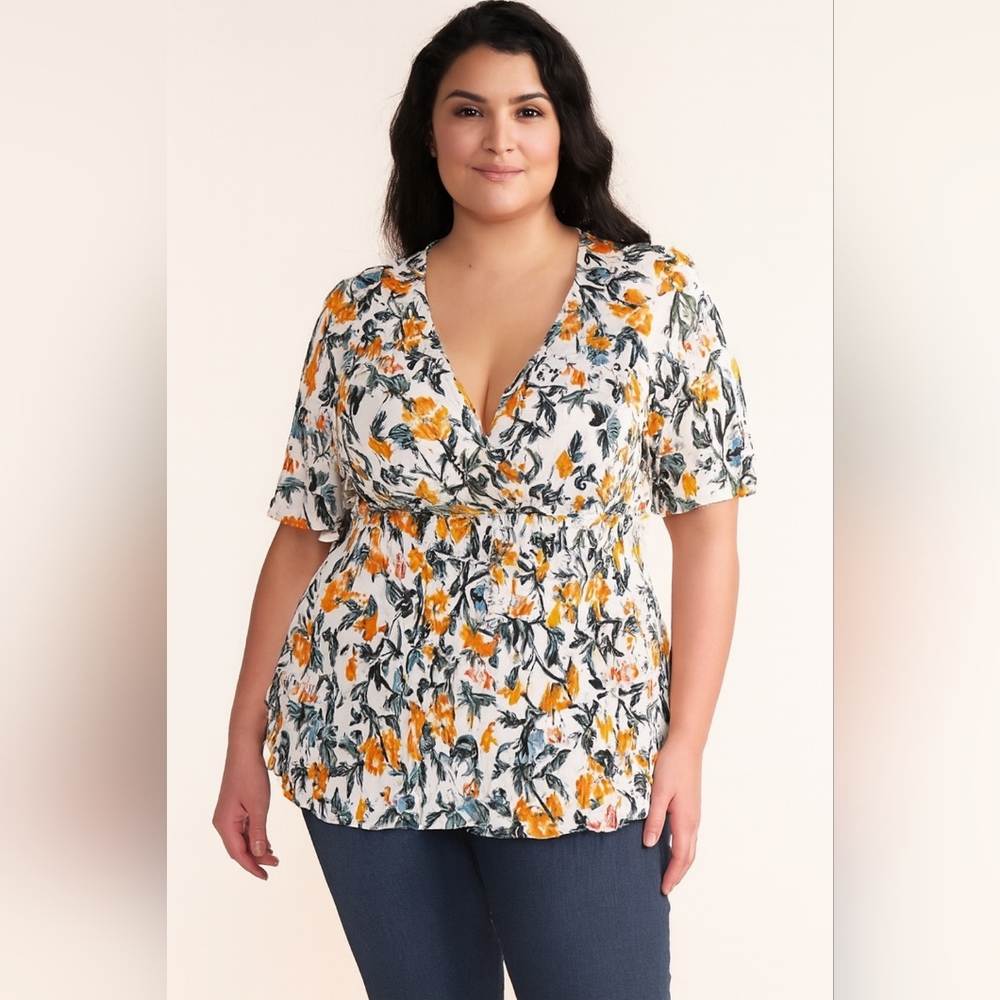 Lane Bryant Plus Size Short Sleeve Faux Wrap Floral Blouse